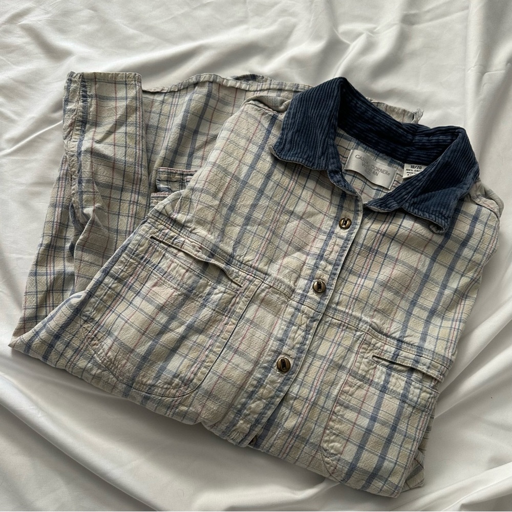 Casual Corner Plaid Shirt Jacket with Navy Collar